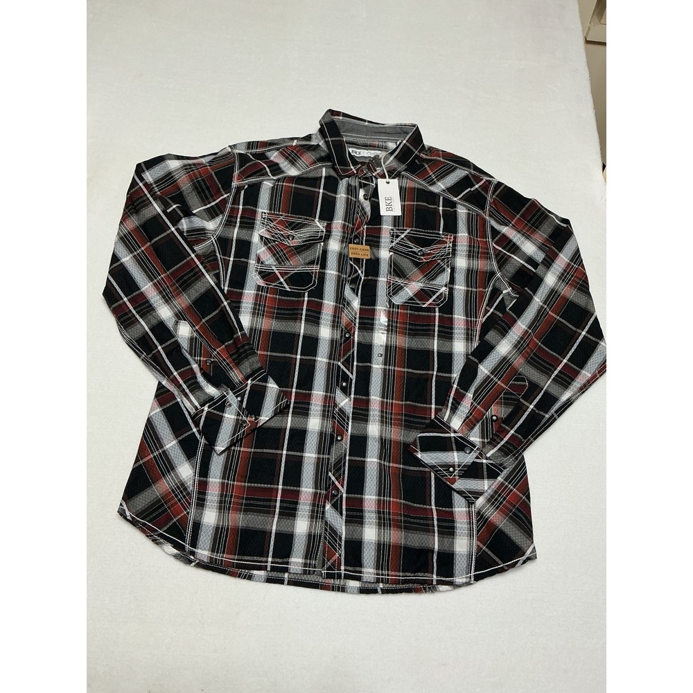 BKE Mens XL Athletic Fit Western Pearl Snap Plaid Shirt NWT Buckle Black Red